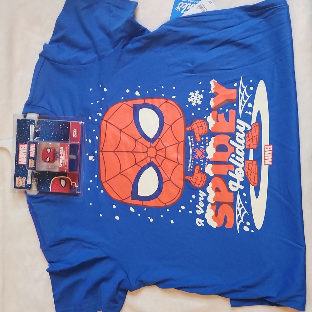 Holiday, Christmas Boys Marvel, Spiderman Shirt with Mini Funko, Sz L, 10/12